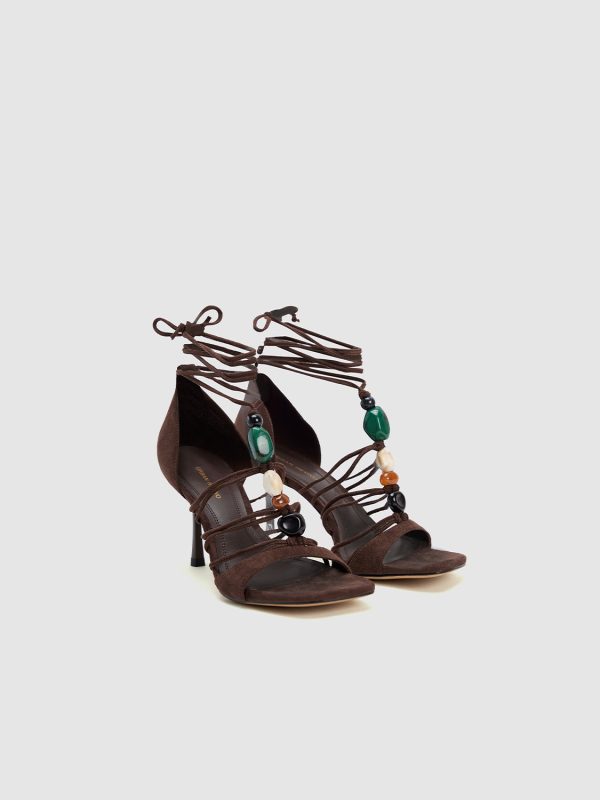 Beaded Lace-up High Heel Sandals